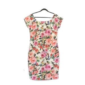 ALEXIA ADMOR Square Neck Floral Hummingbird Scuba Short Sleeve Midi Dress